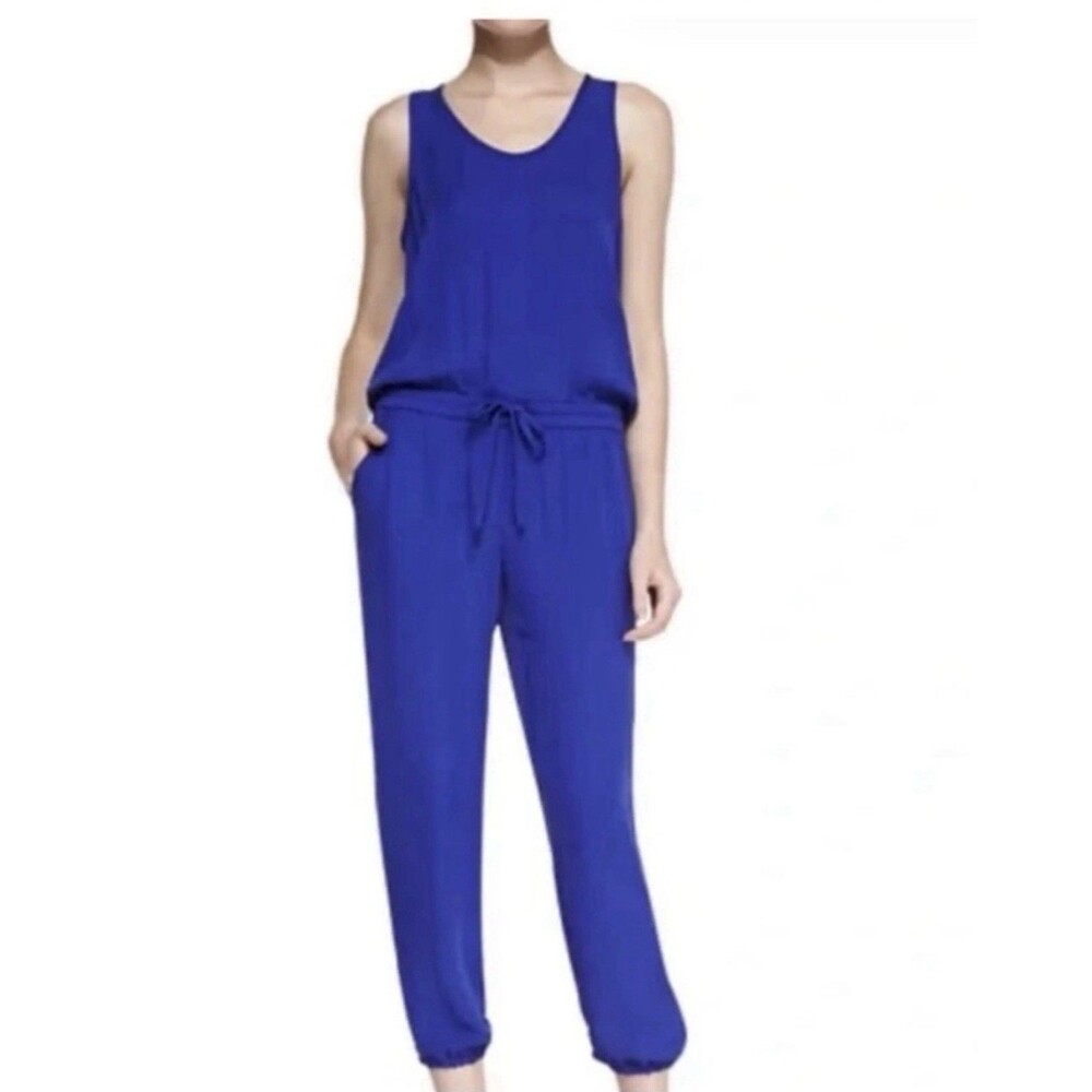 Theory Jumpsuit Royal Blue 100% Silk Sleeveless Drawstring Joggers Leg Size S